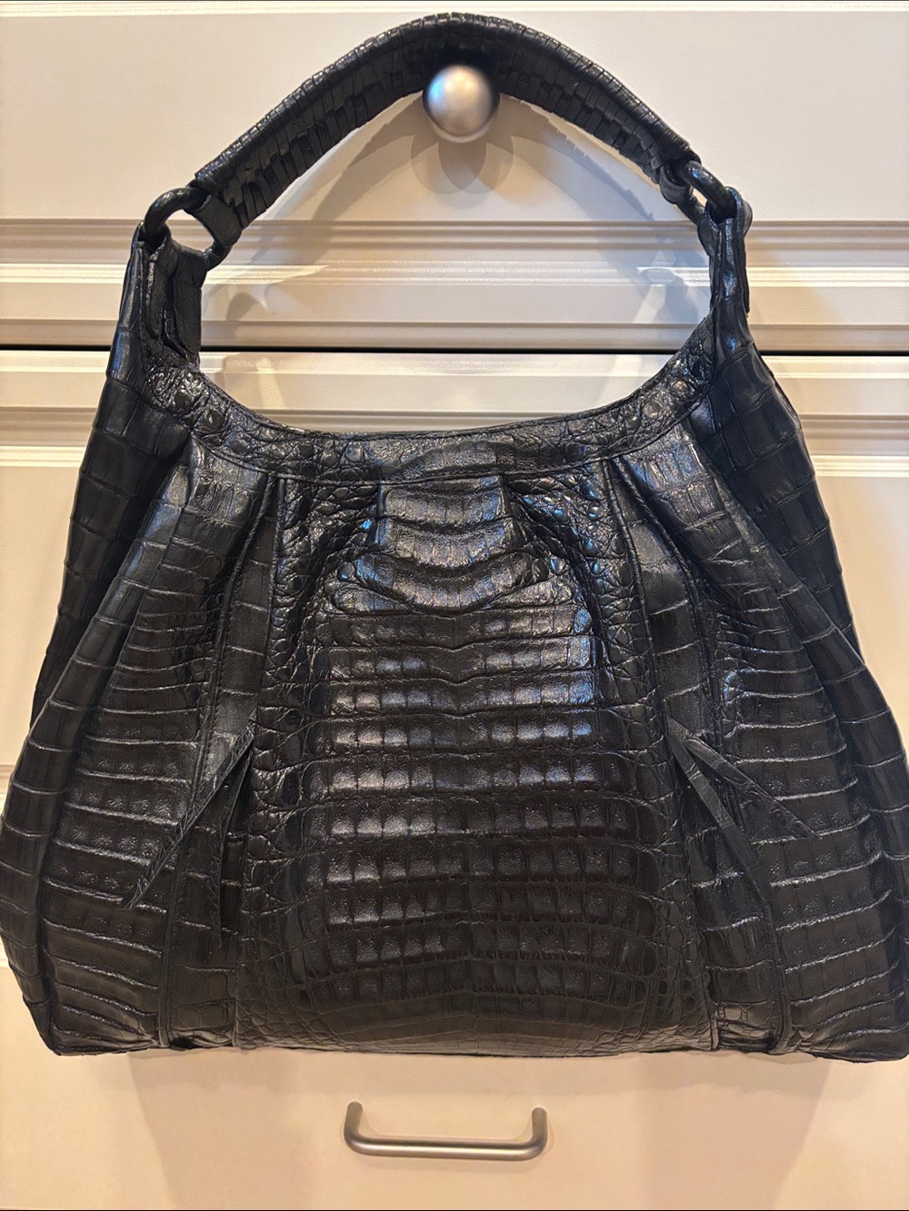 Nancy Gonzalez Black Croc-Embossed Shoulder Hobo